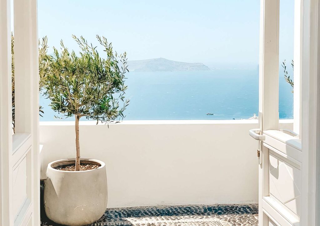 Open doors looking out to a calm ocean view with a potted olive tree, symbolising clarity, openness, and a mindful approach to ethical investing.
