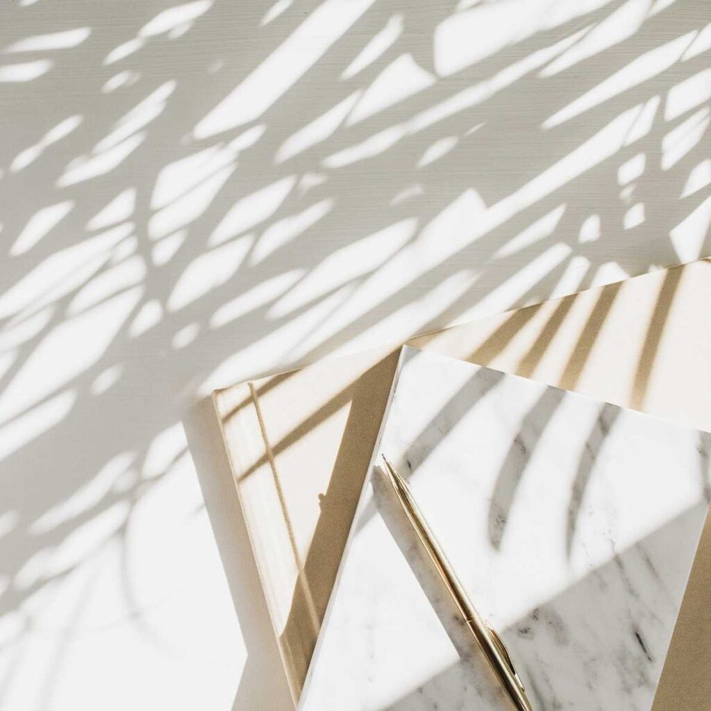 Palm leaf shadows over notepad, symbolising calm, clarity, and alignment in financial planning.