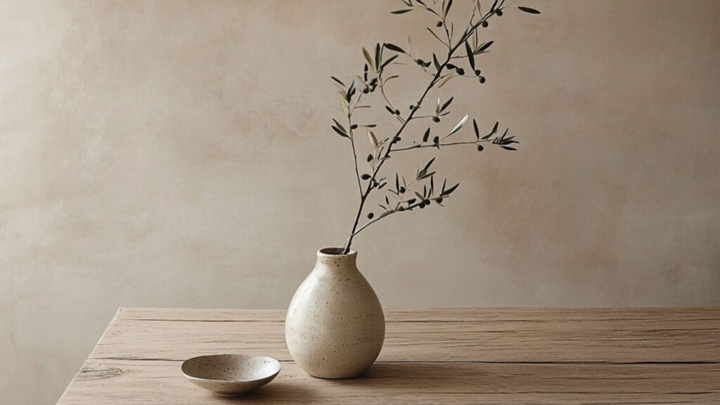 Minimalist interior with a ceramic vase and olive branch, representing successful wealth planning and financial confidence.