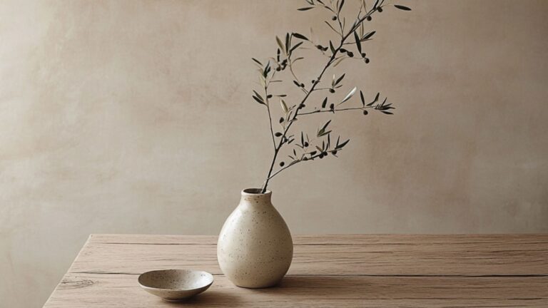 Minimalist interior with a ceramic vase and olive branch, representing successful wealth planning and financial confidence.