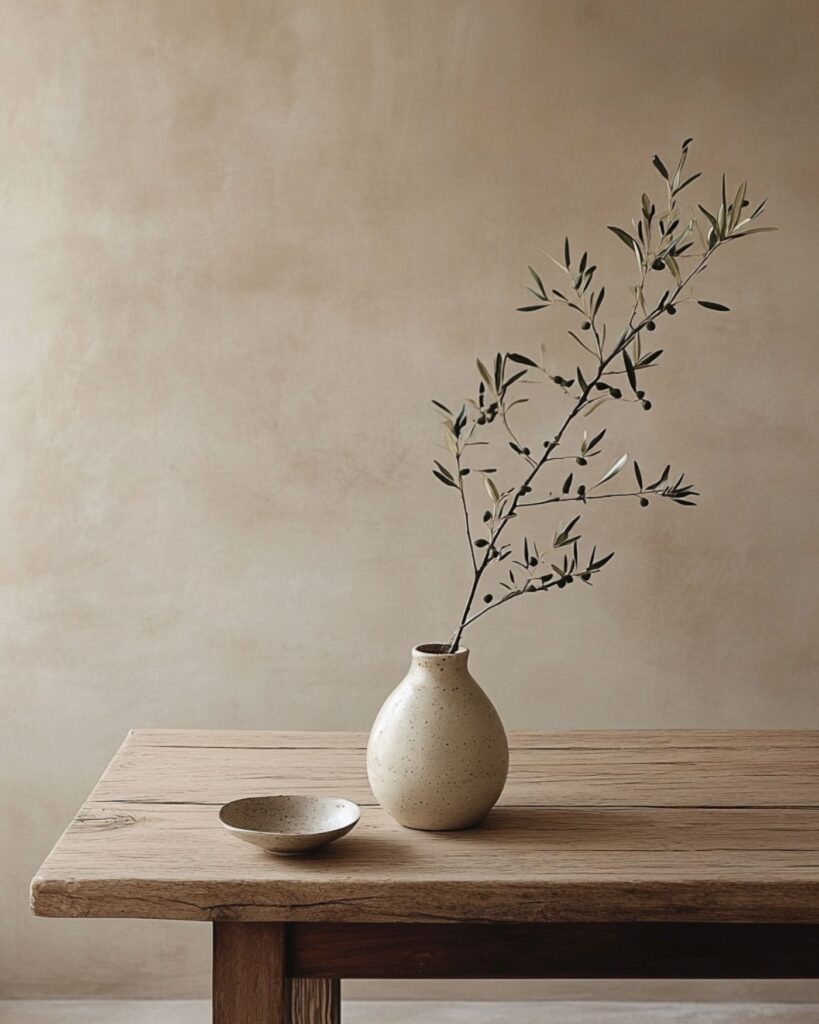 Minimalist interior with olive branch and natural timber representing thoughtful, personalised financial planning and wealth advice.